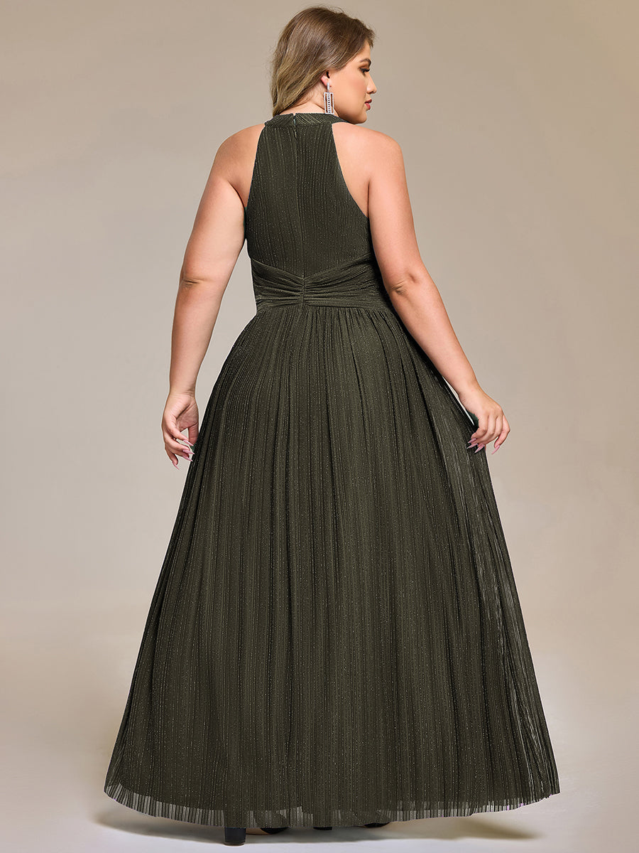 Plus Size Glittery Halter Neck Pleated Formal Evening Dress