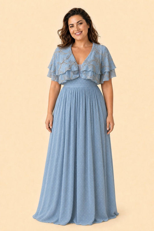 Plus Size Embroidered Polka Dot Ruffle A-Line Bridesmaid Dress
