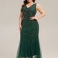 Plus Size Deep V-Neck Bead Embroidery Evening Dress