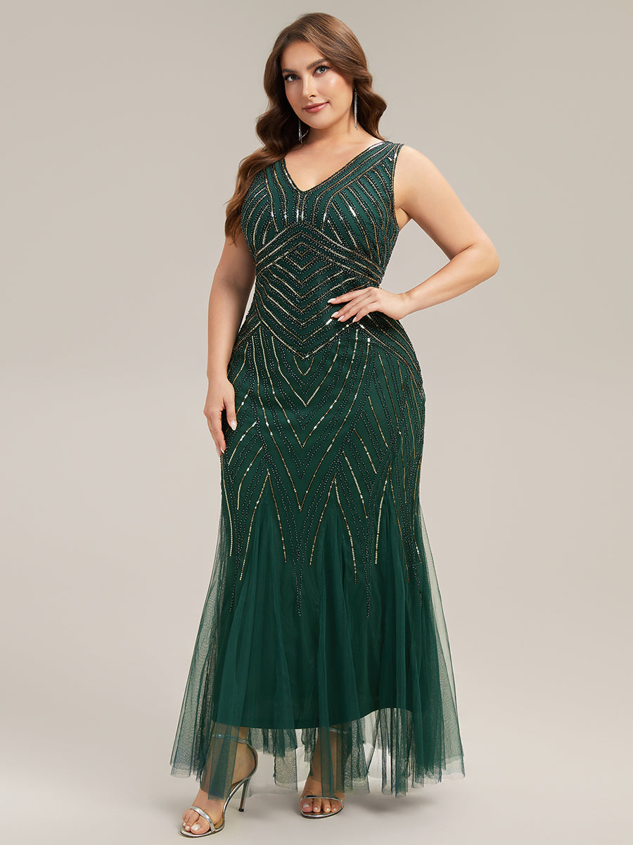 Plus Size Deep V-Neck Bead Embroidery Evening Dress