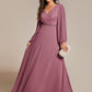 Plus Size A-Line V-Neck See-Through Long Sleeves Shiny Belt Chiffon Evening Dress