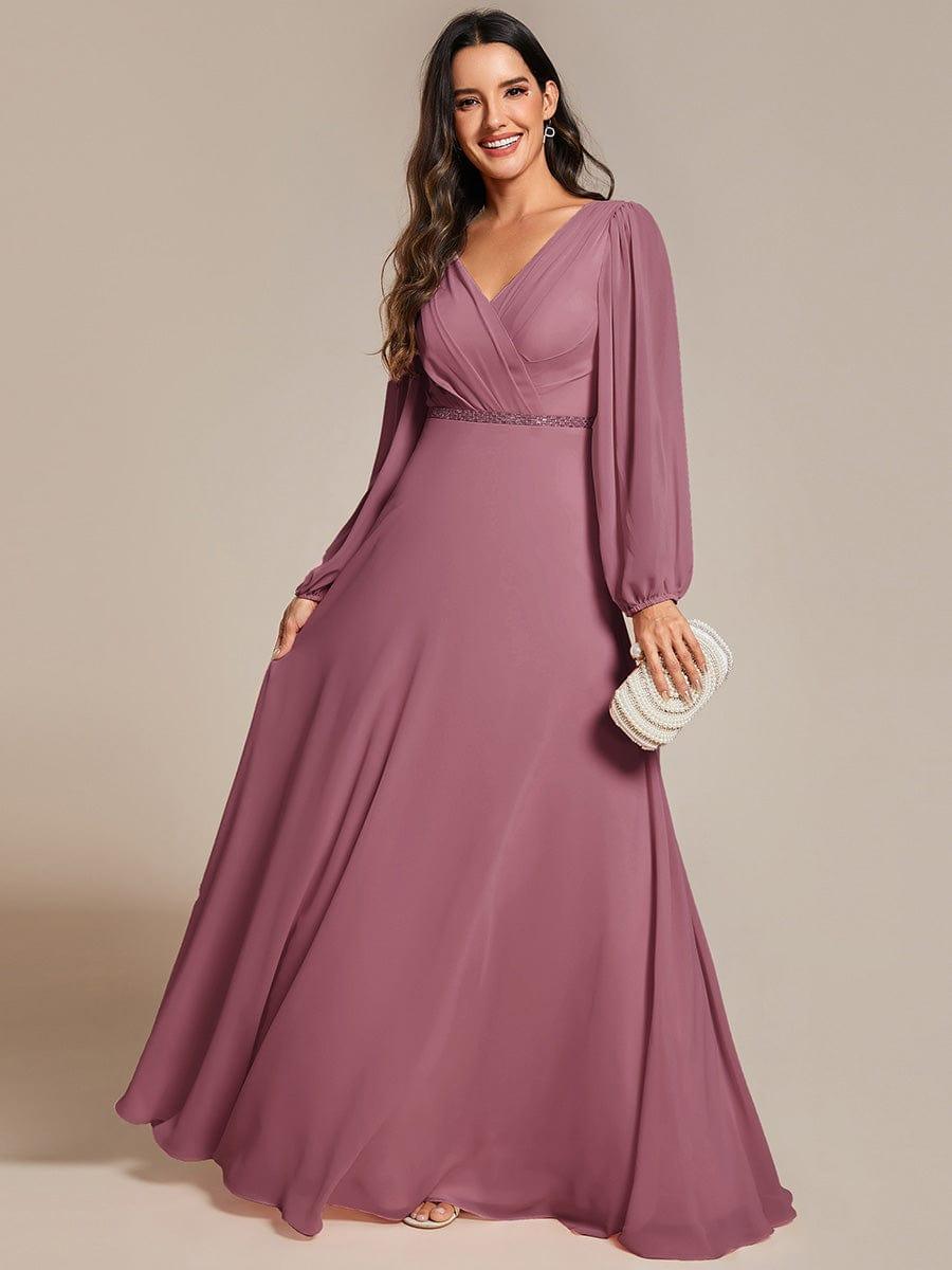 Plus Size A-Line V-Neck See-Through Long Sleeves Shiny Belt Chiffon Evening Dress