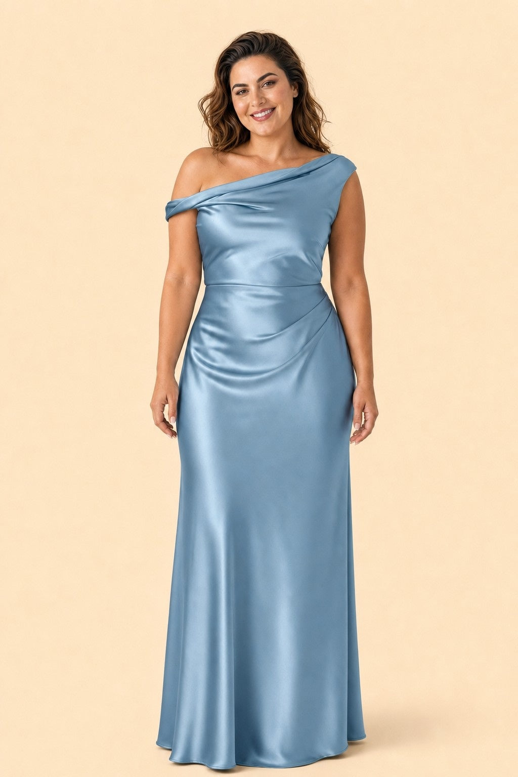 Floor Length Stretch Satin Bridesmaid Gown with Asymmetrical Neckline