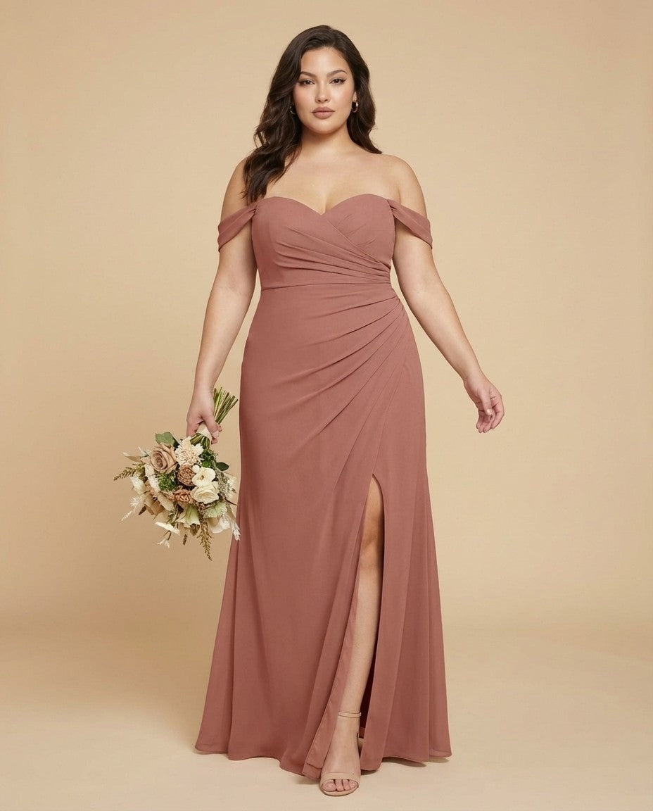 Elanthia Plus Size Off The Shoulder Mesh Bridesmaid Dress With Leg Slit For Wedding Party -N0346
