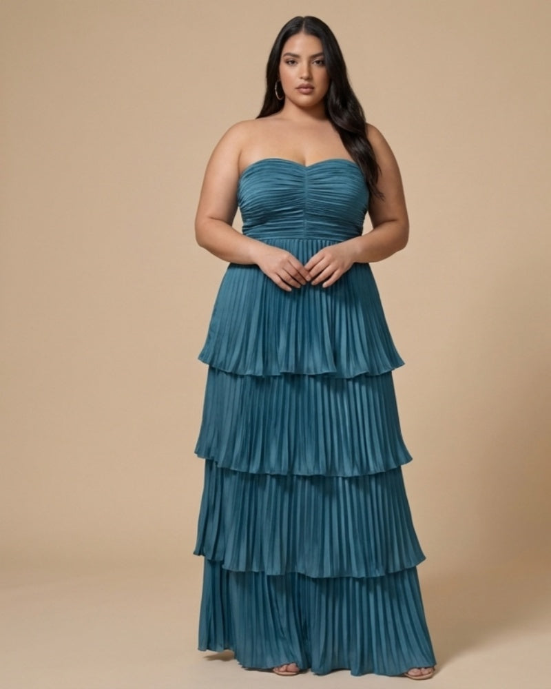 Chantarae Plus Size Romantic A-Line Ruffled Satin Bridesmaid Dress for Wedding Occasions -N0379