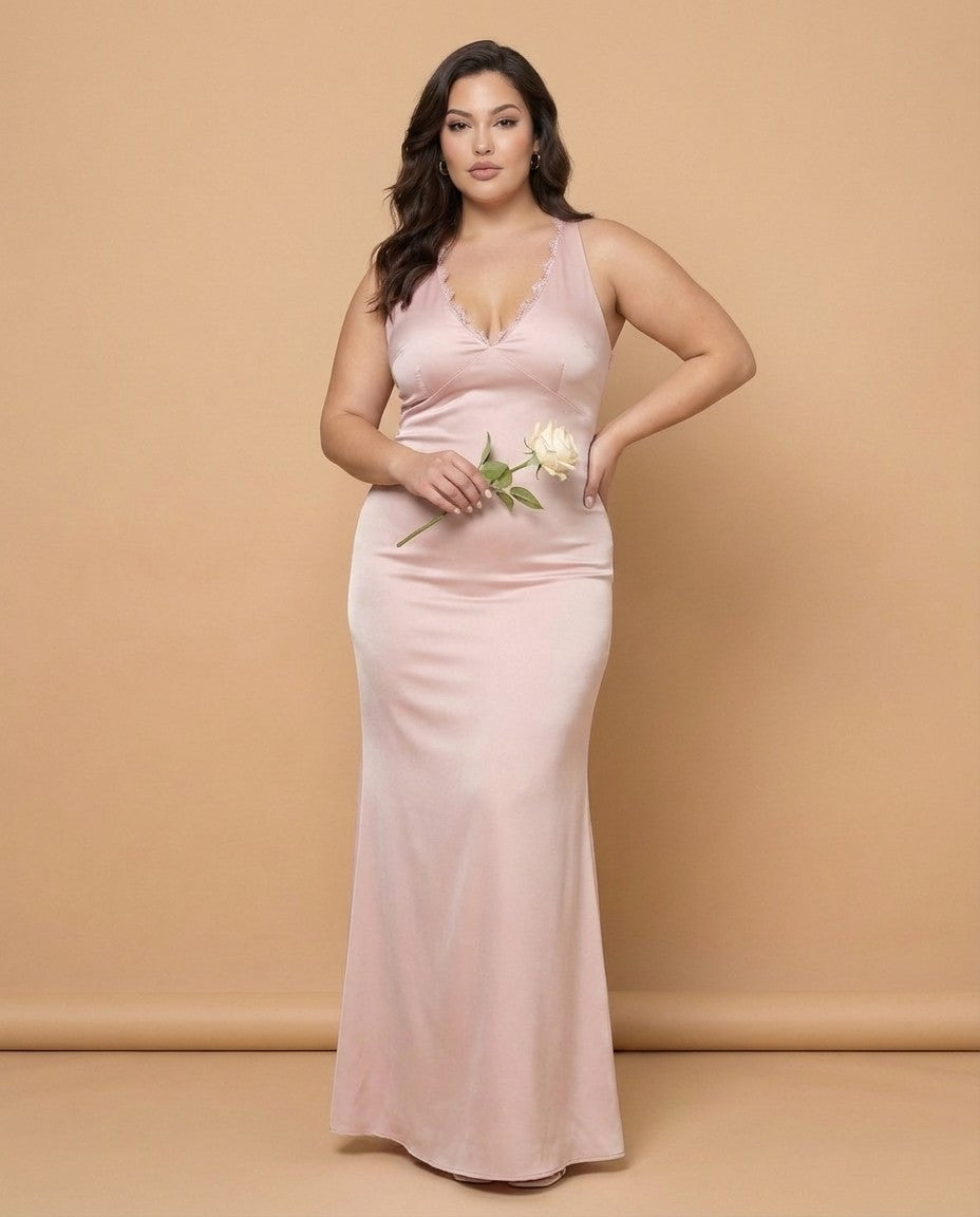 Silvarelle Elegant Stretch Satin Plus Size Bridesmaid Dress with Lace Trim for Weddings - N0359