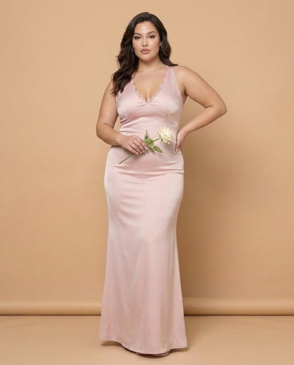 Silvarelle Elegant Stretch Satin Plus Size Bridesmaid Dress with Lace Trim for Weddings - N0359