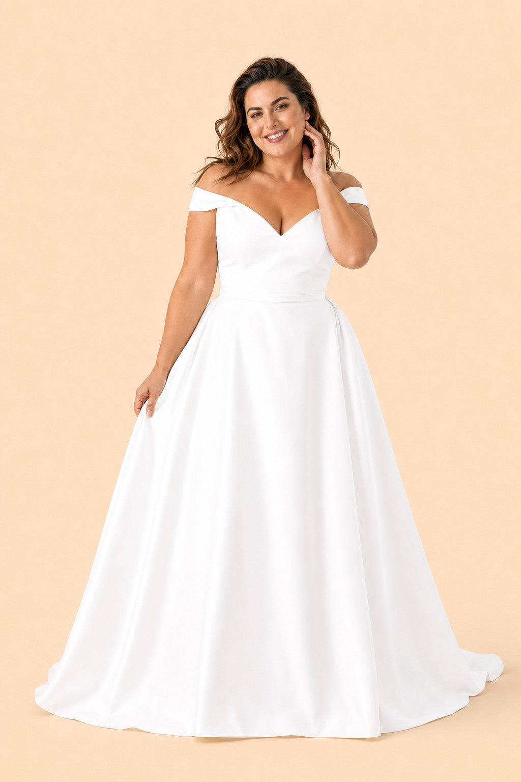 Romantic Off Shoulder Satin Wedding Dress Plus Size with Hidden Pockets