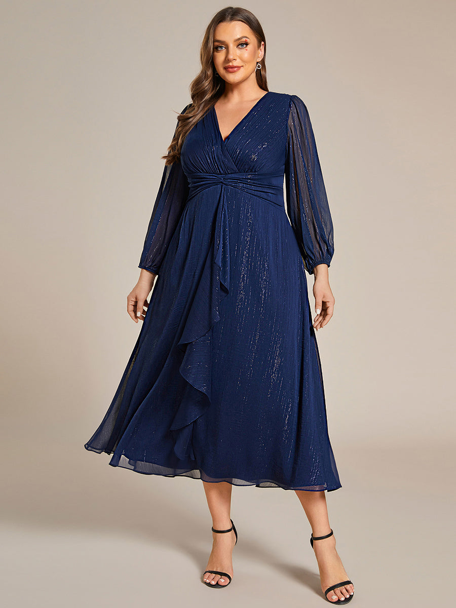 Plus Size Twist Knot Louts Leaf Long Sleeve A-Line Evening Dress