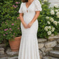 Plus Size Wedding Dress with Lace V Neck and Convertible Puff Sleeves