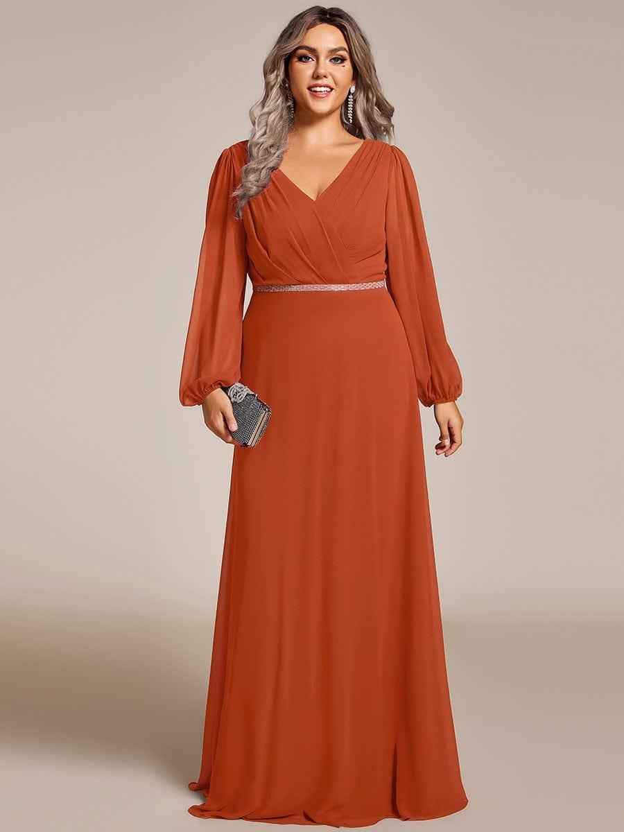 Plus Size A-Line V-Neck See-Through Long Sleeves Shiny Belt Chiffon Evening Dress