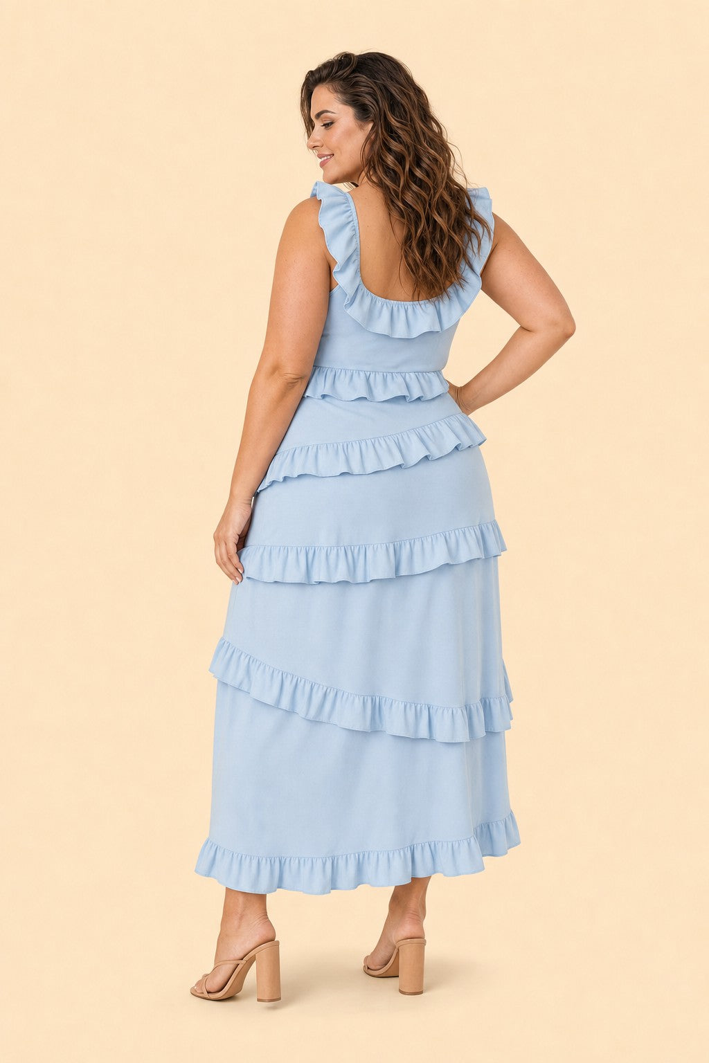 Plus Size Floral Bridesmaid Dress with Tiered Ruffles Stretch Fabric and Elegant Slit
