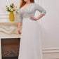 Plus Size V Neck A-Line Sequin Formal Evening Dress with Sleeve
