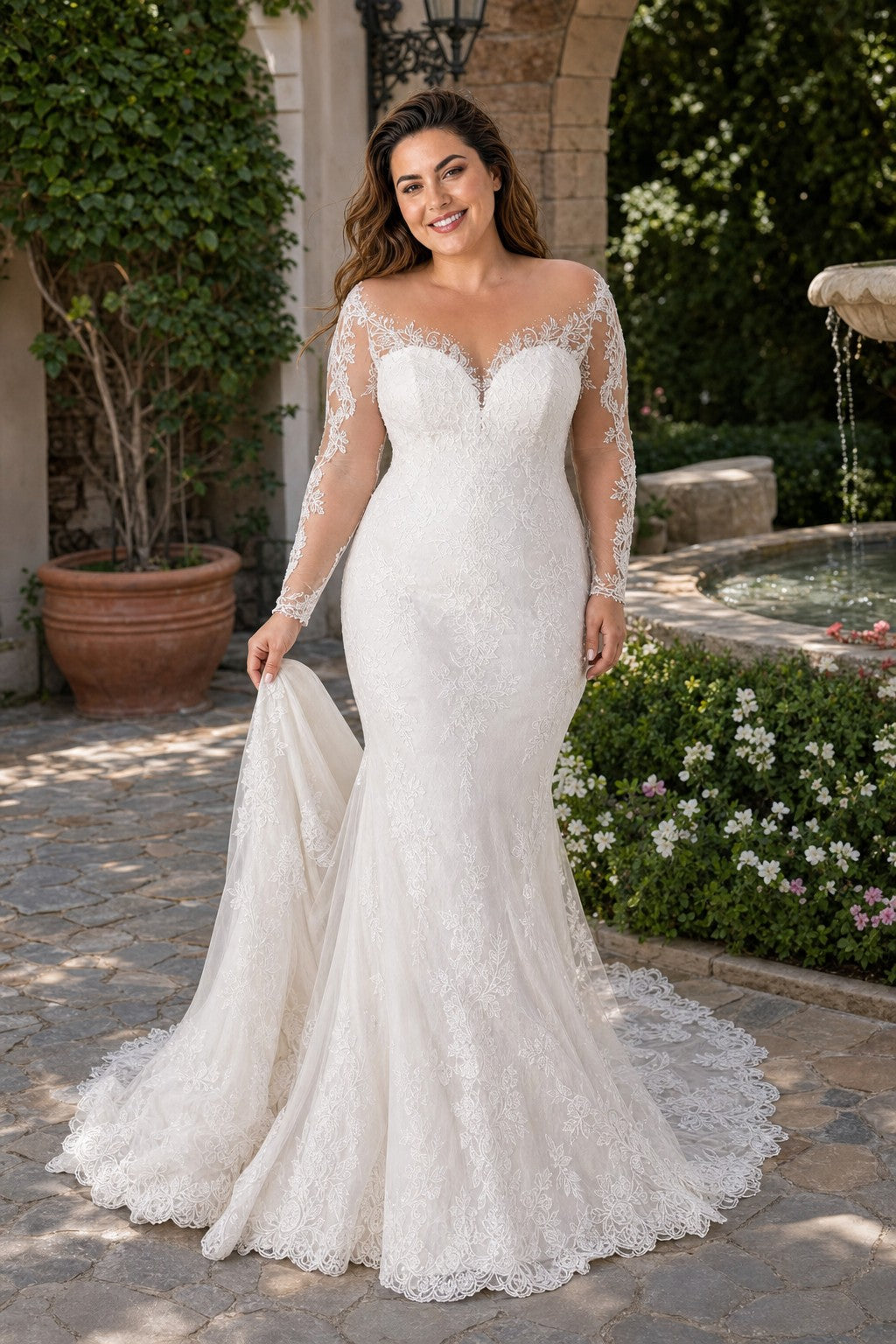 Romantic Floor-Length Tulle Wedding Gown with Sheer Lace and Train