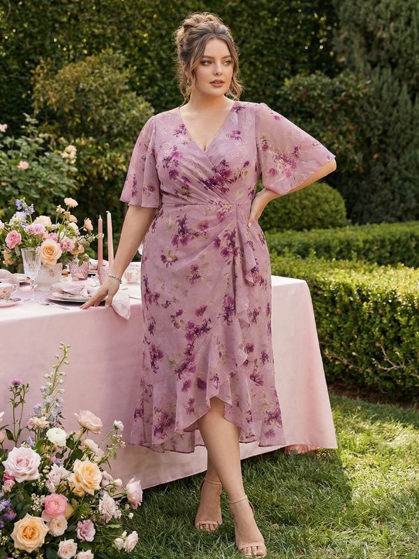 Plus Size Printed Mermaid Chiffon Wedding Guest Dress