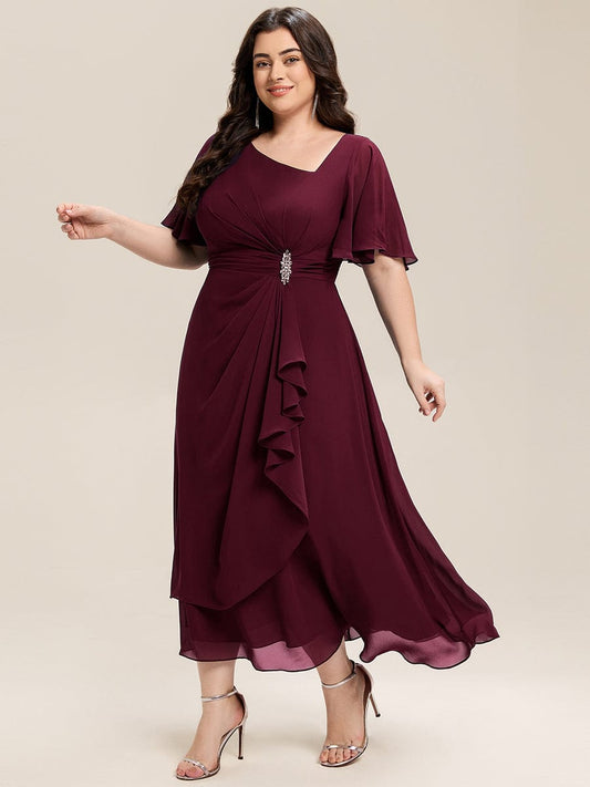 Plus Size Pleated Chiffon Ruffle Sleeve Wedding Guest Dress