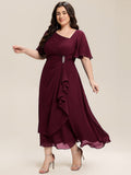 Plus Size Pleated Chiffon Ruffle Sleeve Wedding Guest Dress