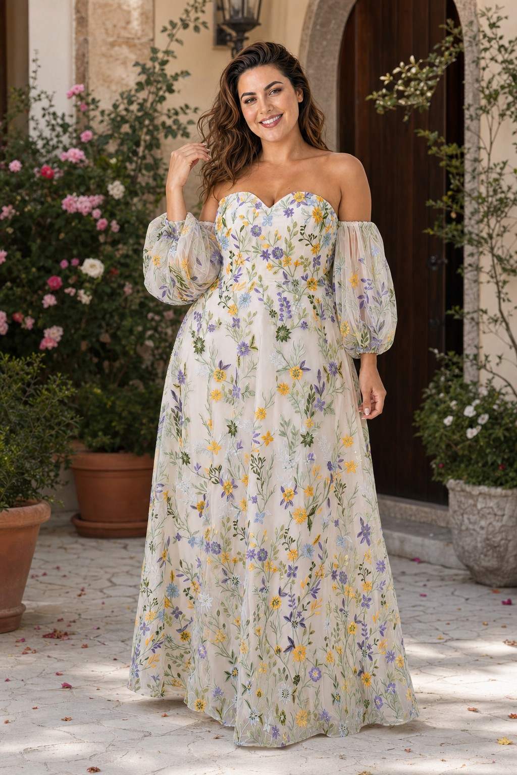 Plus Size A-Line Wedding Dress with Detachable Puff Sleeves and Embroidered Mesh