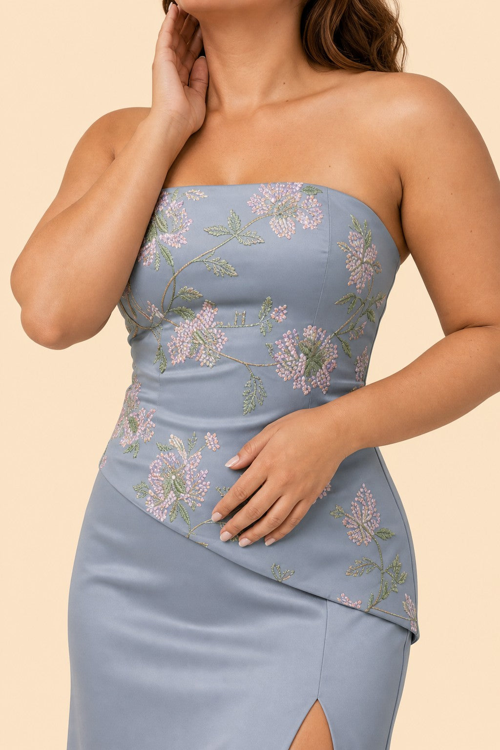 Plus Size Strapless Bridesmaid Dress with Mermaid Silhouette and Embroidered Bodice