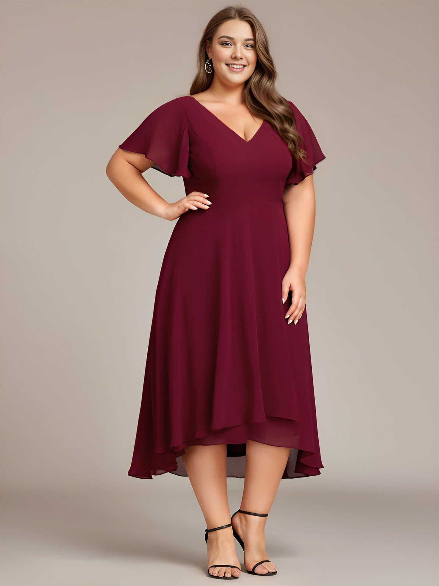 Plus Size Flowing Chiffon V-Neck Ruffle Sleeves Wedding Guest Dress