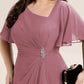Plus Size Pleated Chiffon Ruffle Sleeve Wedding Guest Dress