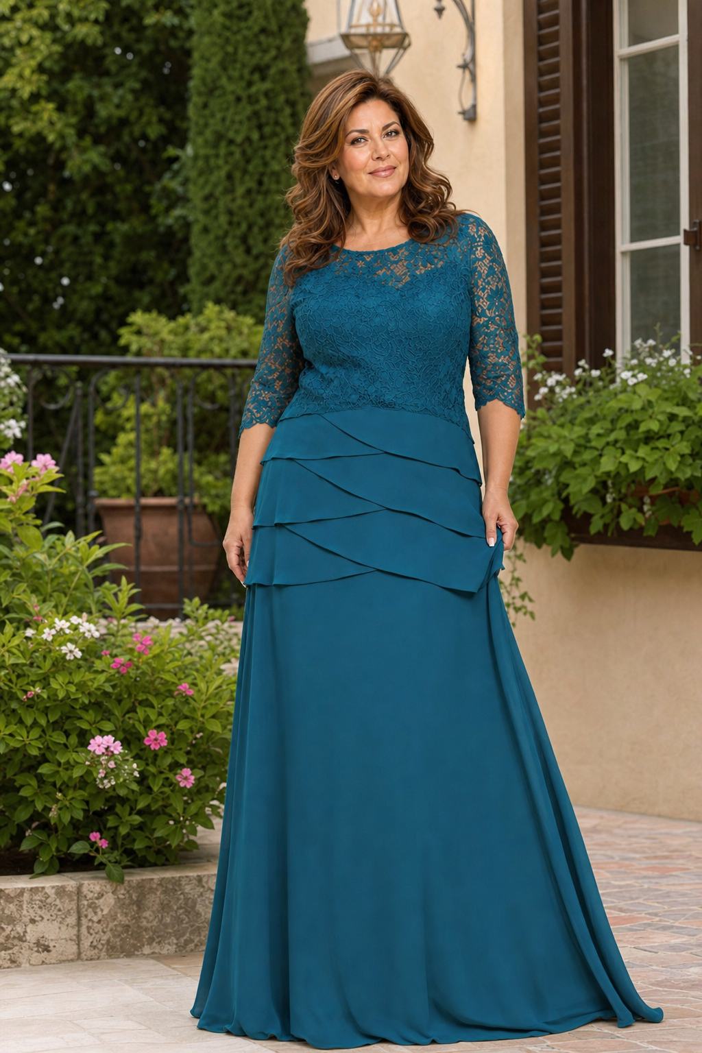 Elegant Evening Gown with Lace Patchwork and Tiered A-Line Silhouette
