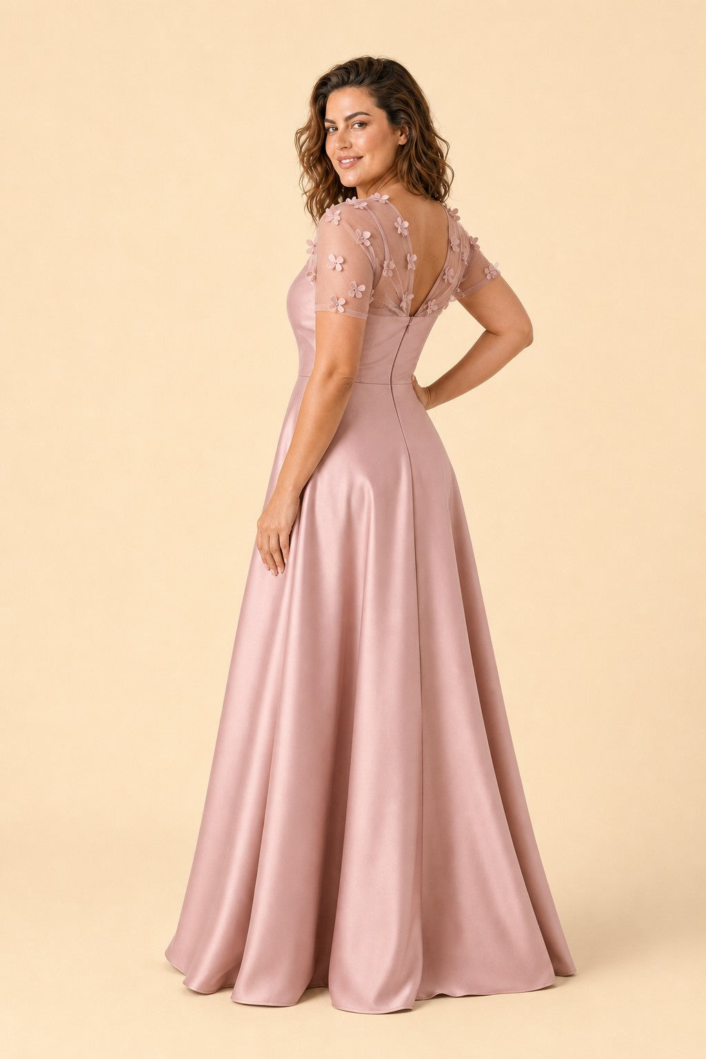 Plus Size Backless A-Line Formal Gown with Floral Appliqué and Satin Skirt
