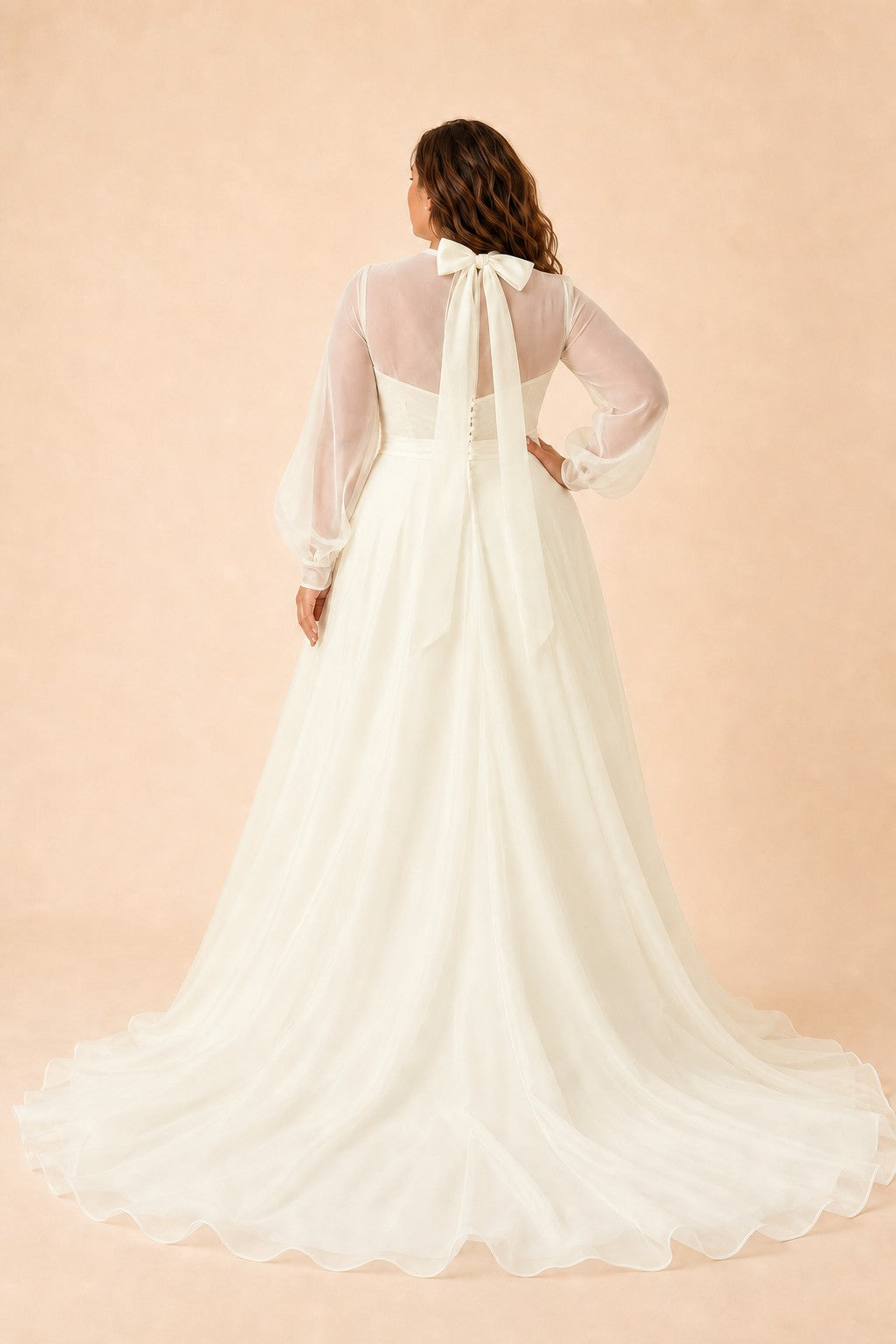 Minimalist Plus Size Wedding Gown with Sheer Long Sleeves