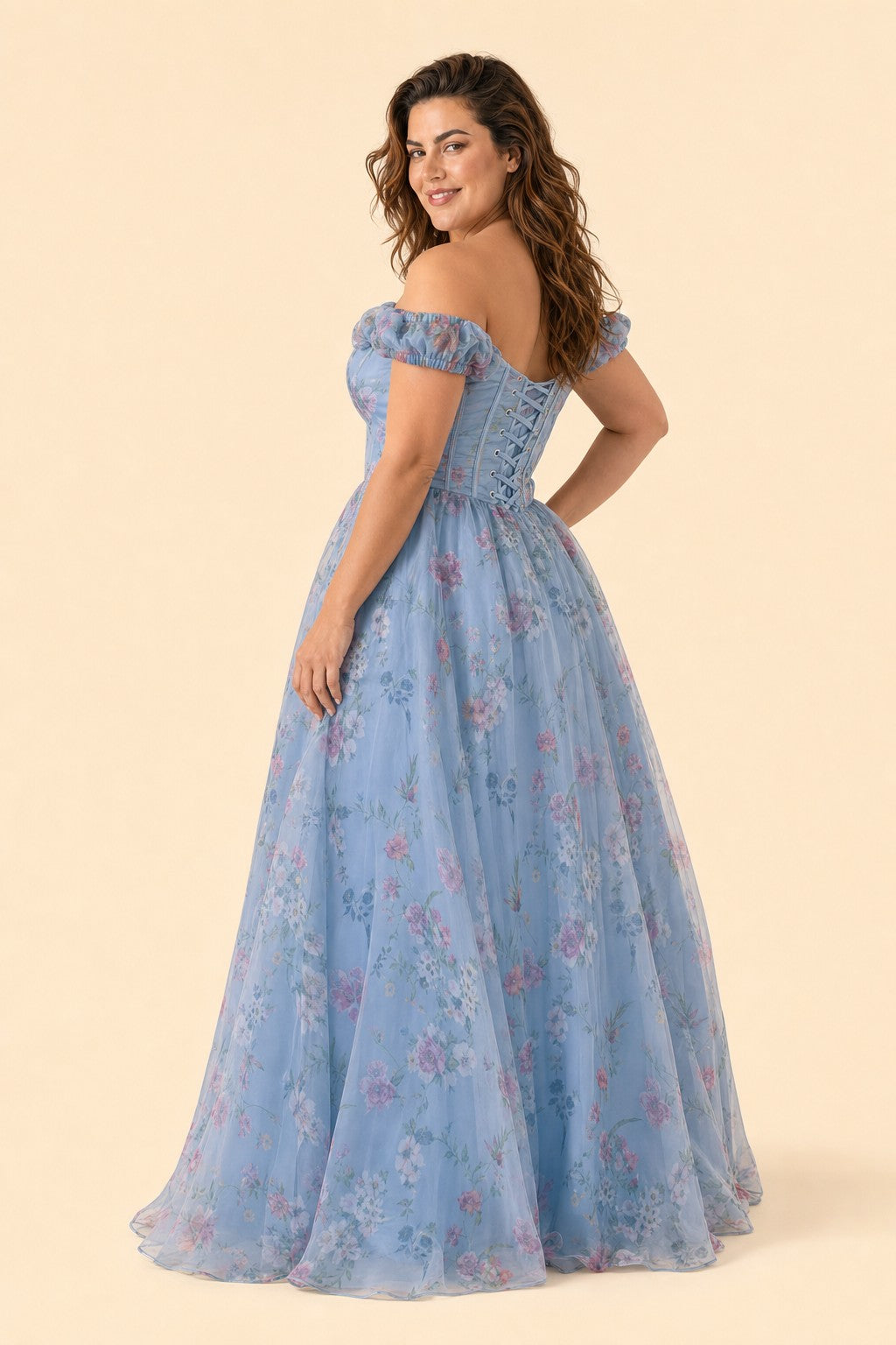 Plus Size Romantic Floral Print Bridesmaid Dress with Basque Waist - Ruched Bodice and Lace-Up Back