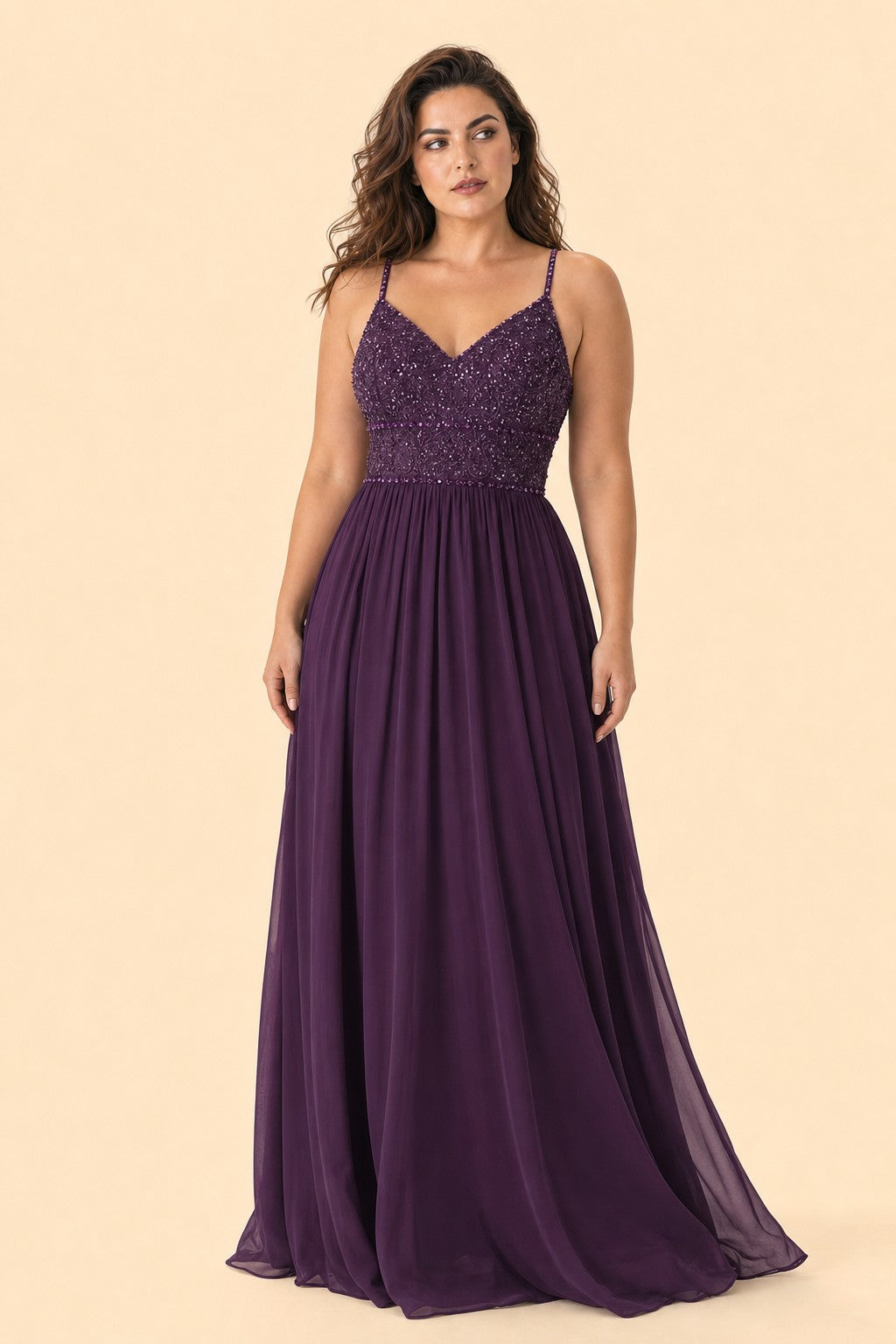 Plus Size Bridesmaid Evening Gown with Sequins Lace and Elegant Open Back A-Line Dress Maxi