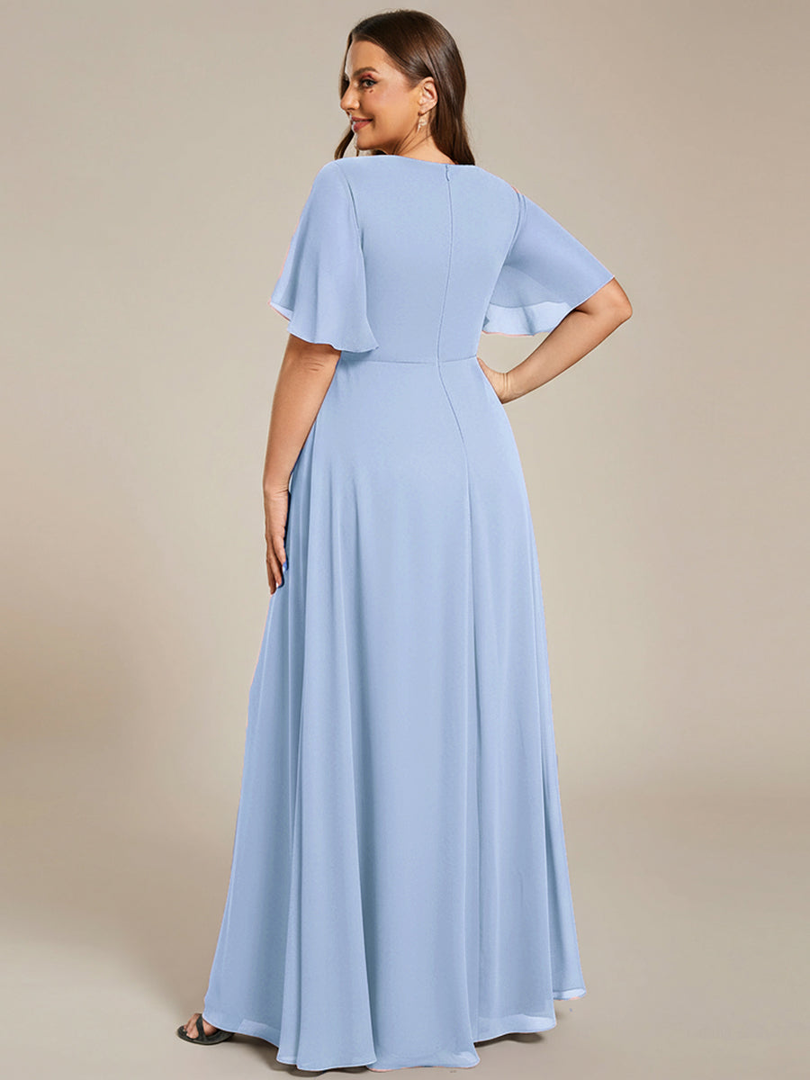 Plus Size Floral Applique Short Sleeve A-Line Chiffon Formal Evening Dress