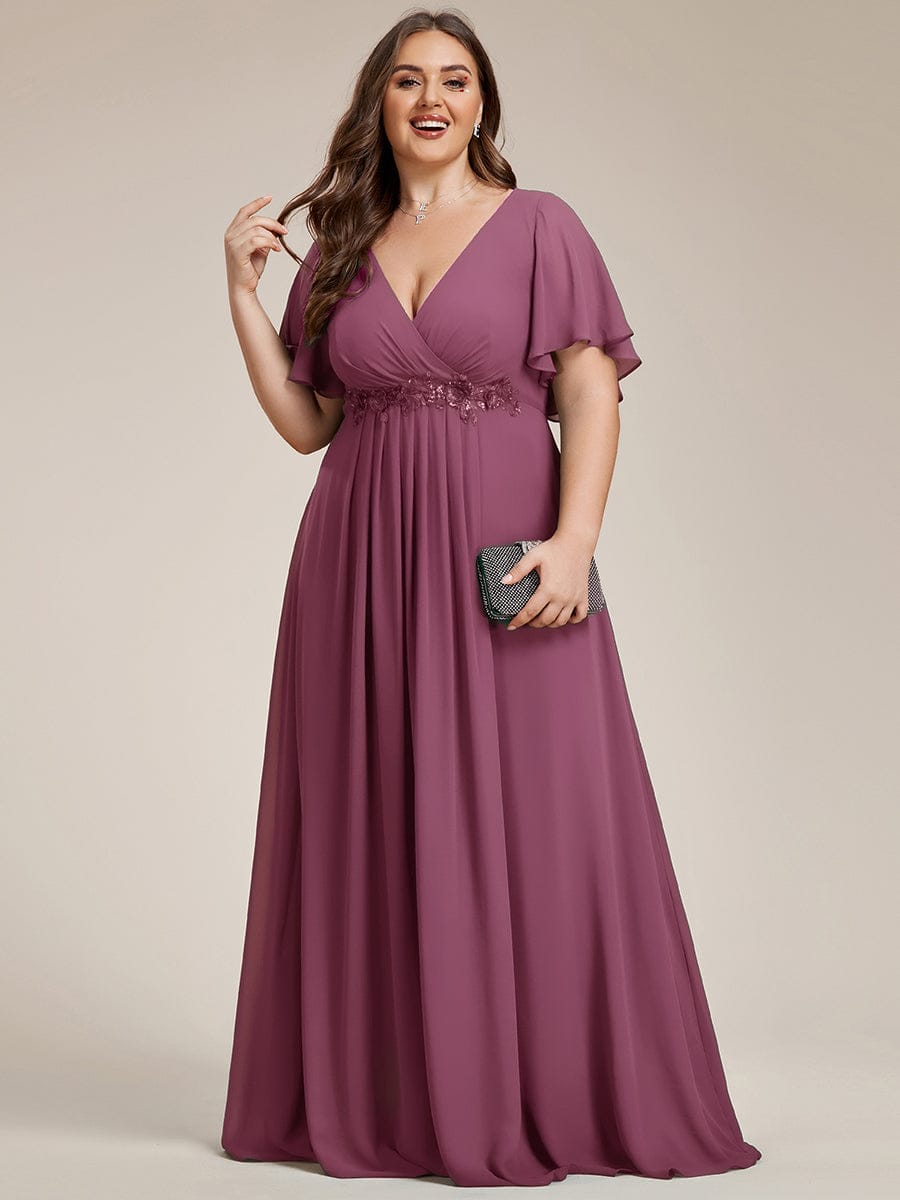 Plus Size Floral Applique Short Sleeve A-Line Chiffon Formal Evening Dress
