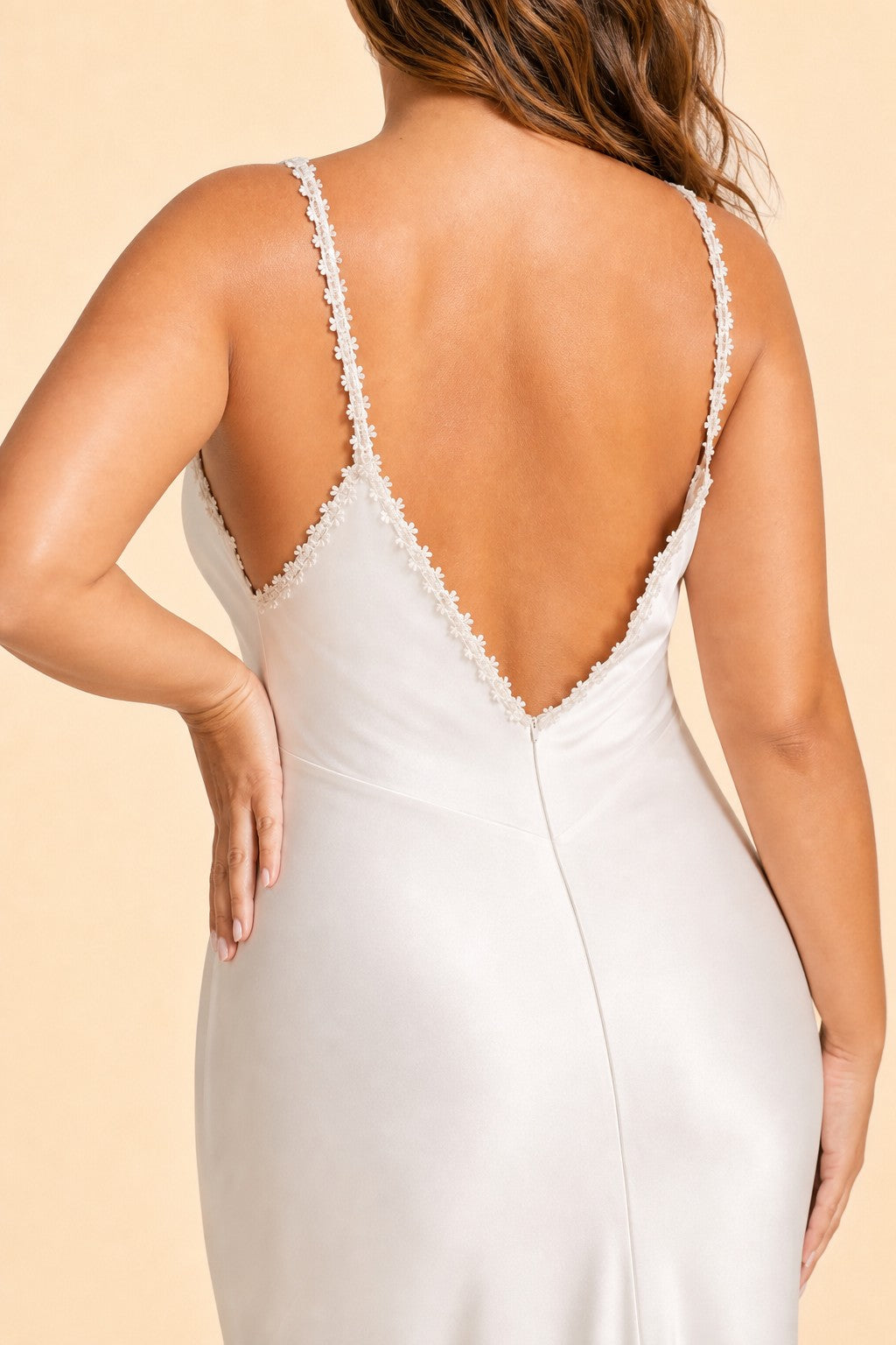 Romantic Ivory Slip Wedding Gown Pleated V Neck Lace Trim Open Back Design