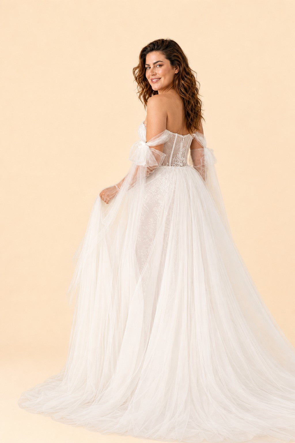 Plus Size Bridal Gown Off Shoulder with Removable Skirt Romantic Bow Detail