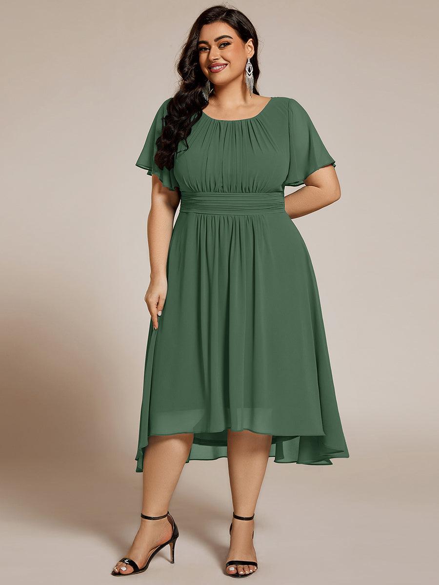 Plus Size Pleated Round Neckline A-Line Midi Chiffon Wedding Guest Dress