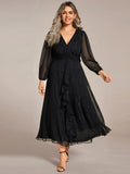Plus Size Twist Knot Louts Leaf Long Sleeve A-Line Evening Dress