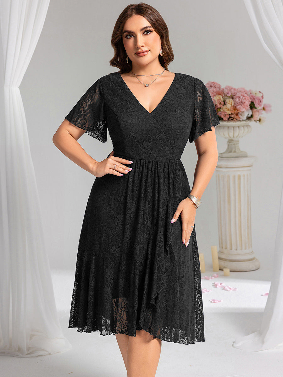 Plus Size Ruffled Sleeves Lace A-Line Formal Evening Dress