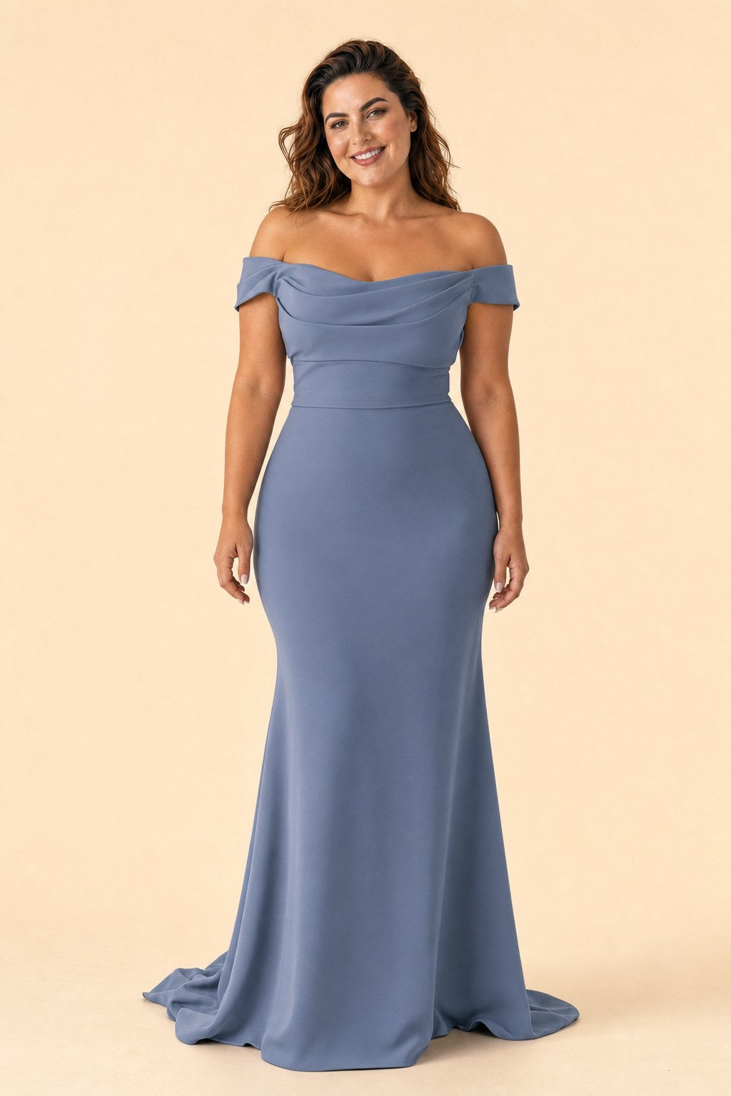 Plus Size Off Shoulder Ruched Bridesmaid Dress with Statement Back Bow