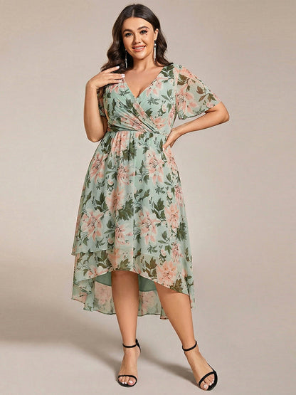 Plus Size Chiffon Short Sleeves Pleated V-Neck A-Line Midi Wedding Guest Dress