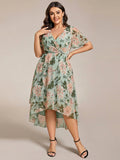 Plus Size Chiffon Short Sleeves Pleated V-Neck A-Line Midi Wedding Guest Dress