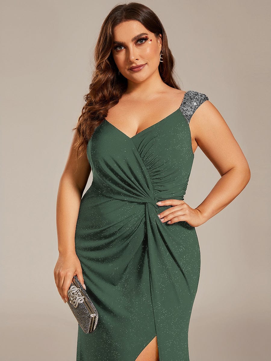 Plus Size Sequin Shoulder Strap Wedding Guest Dress with Side Slit