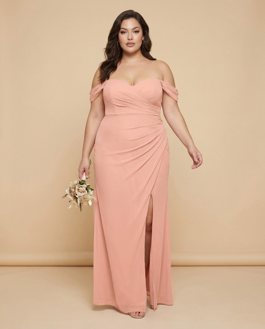Elanthia Plus Size Off The Shoulder Mesh Bridesmaid Dress With Leg Slit For Wedding Party -N0346