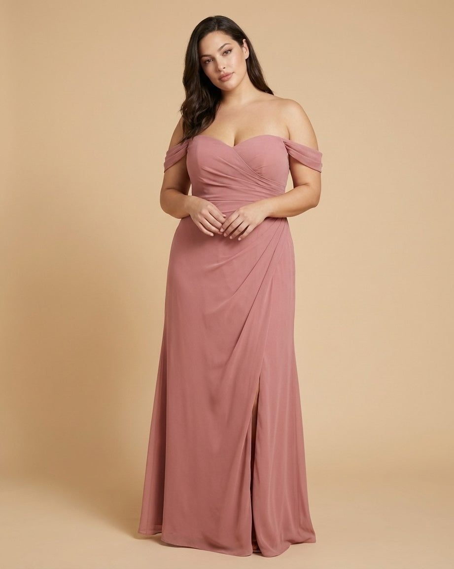 Elanthia Plus Size Romantic Sheath Bridesmaid Dress with Off Shoulder for Wedding -N0347