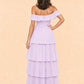 Elegant A Line Maxi Bridesmaid Dress Pleated Tiered Off Shoulder Design