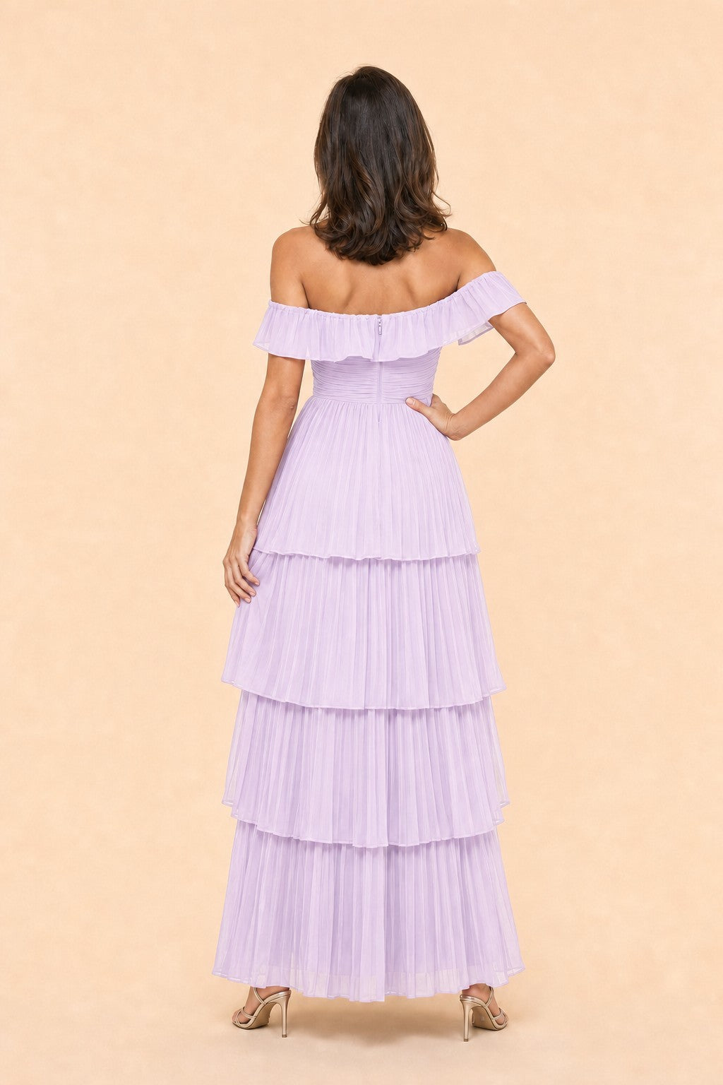 Elegant A Line Maxi Bridesmaid Dress Pleated Tiered Off Shoulder Design