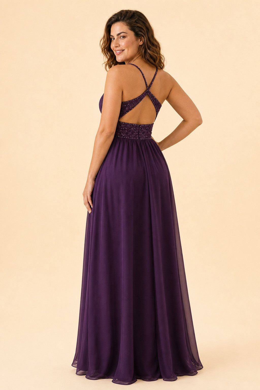 Plus Size Bridesmaid Evening Gown with Sequins Lace and Elegant Open Back A-Line Dress Maxi