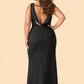 Floor Length Plus Size Bridesmaid Dress Pleated Detail Deep Cowl Back Stretch Satin