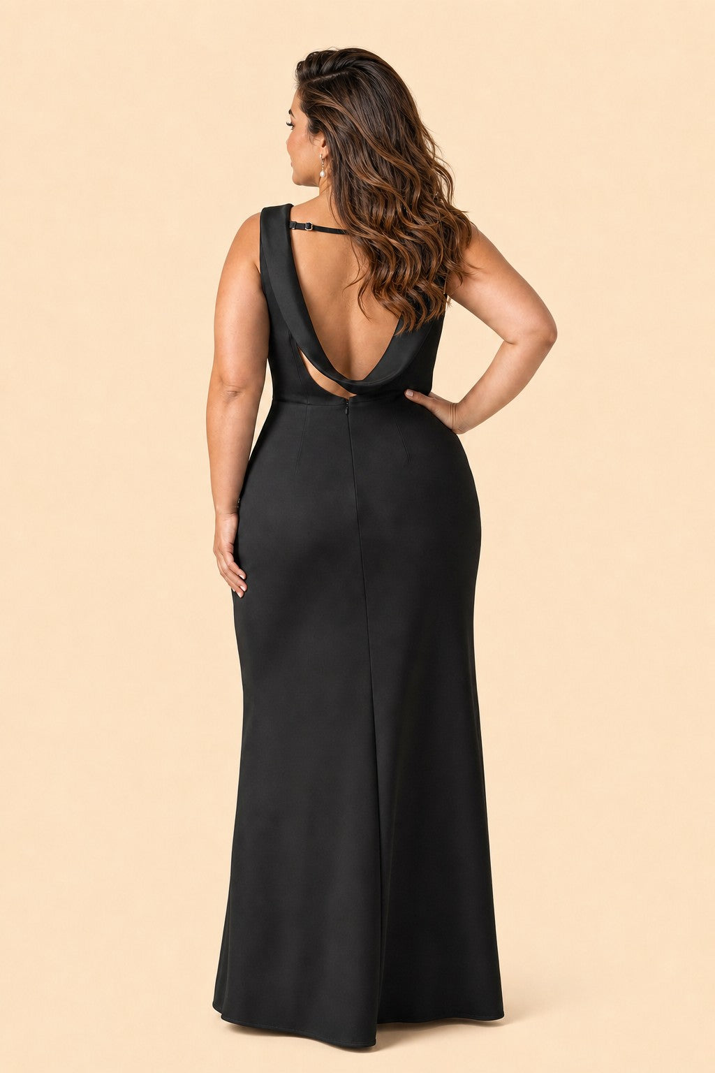 Floor Length Plus Size Bridesmaid Dress Pleated Detail Deep Cowl Back Stretch Satin