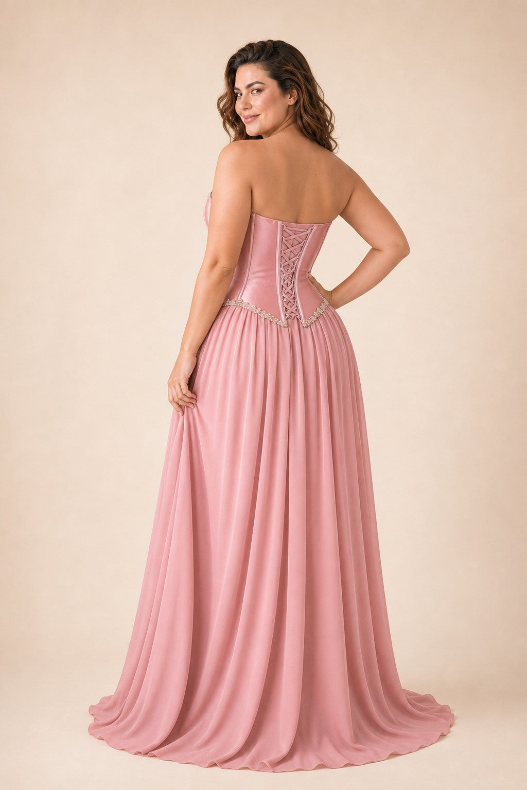 Scarvelle Plus Size Satin Prom Dress with Basque Waist and Pearl Corset