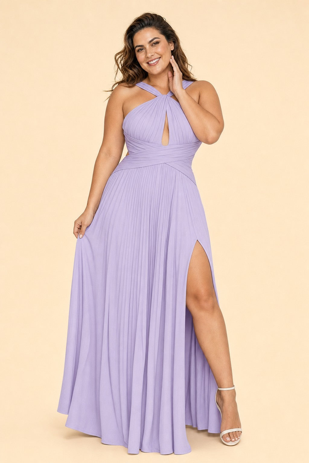 Plus Size Halter Bridesmaid Dress with Pleated Chiffon A-Line Skirt - Open Back and Side Slit